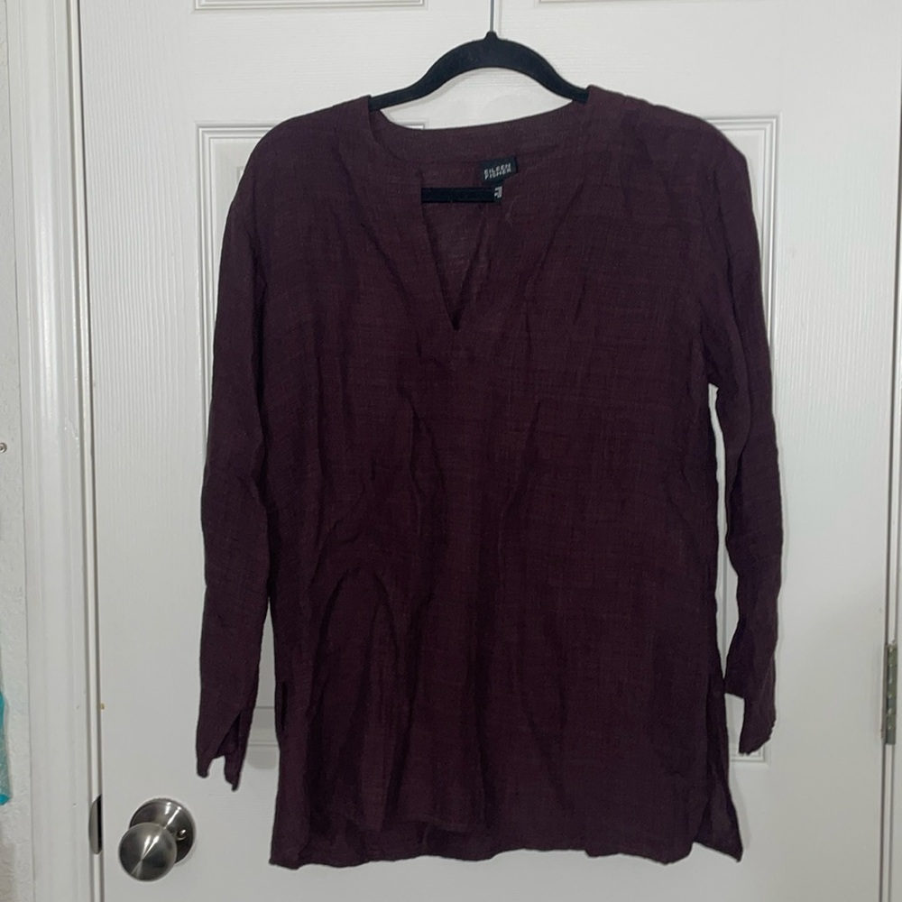 Eileen Fisher Open V-Neck Linen Blend Top Small Burgundy EUC